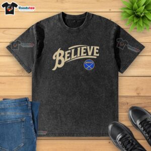 Alt Text: Official Buffalo Sabres NHL Believe logo washed t-shirt in blue, perfect for fans showcasing team spirit.
