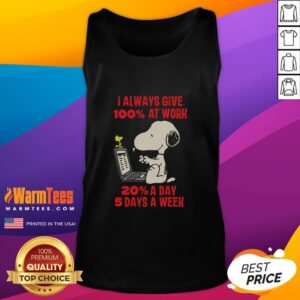 Alt Text: Funny Snoopy tank top with I Always Give 100% At Work 20 A Day 5 Days A Week slogan, perfect for casual wear.