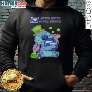 Adorable Stitch hugging USPS logo on a St. Patrick's Day hoodie, perfect for festive celebrations and Disney fans.
