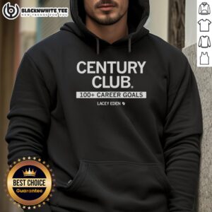 Lacey Eden wearing a Good Century Club hoodie celebrating 100+ career goals in sports.