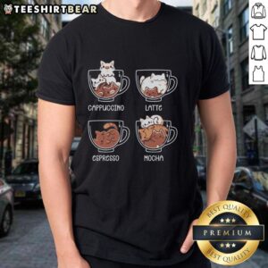 Pretty Cat Coffee Guide T-Shirt featuring a cute cat and coffee design, perfect for cat lovers and coffee enthusiasts.