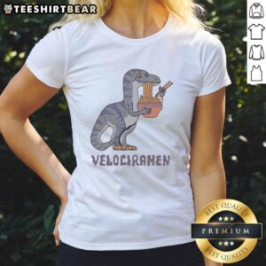 Awesome Velociramen Ladies Tee featuring a colorful dinosaur ramen graphic on a stylish women's shirt.