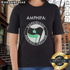 Nice Frog Amphifa Amphibians Against Fascism Ladies Tee featuring a vibrant frog graphic promoting activism.