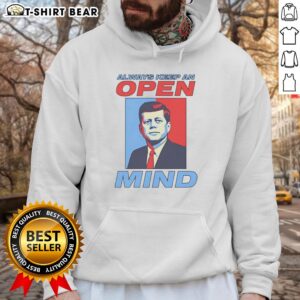 Retro hoodie featuring a portrait of John F. Kennedy with the quote 'Always Keep an Open Mind' for stylish inspiration.