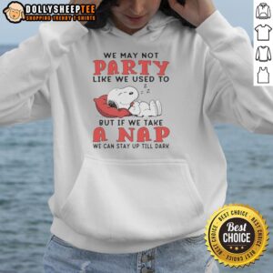 Alt Text: Cute Snoopy hoodie with a playful quote about napping and staying up late, perfect for cozy nights.