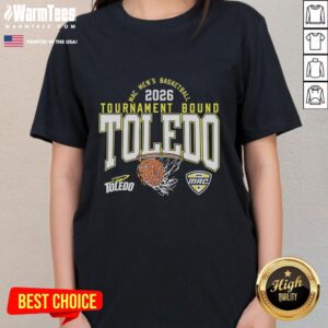 Premium Toledo Rockets men's basketball MAC 2026 tournament bound ladies tee featuring team logo and vibrant colors.