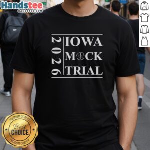 Official Iowa Mock Trial 2026 T-Shirt featuring bold graphics and event details for participants and supporters.