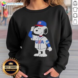 Pretty Snoopy USA baseball jersey salute graphic sweatshirt featuring Snoopy in patriotic colors and design.
