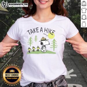 Alt Text: Pretty Peanuts Snoopy Take A Hike Ladies Tee featuring a playful Snoopy design perfect for outdoor adventures.