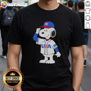 Alt Text: Pretty Snoopy USA baseball jersey salute graphic t-shirt featuring Snoopy in a patriotic pose, perfect for fans.