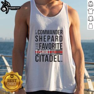 Commander Shepard wearing a favorite shirt on the Citadel, showcasing a stylish tank top in a sci-fi setting.