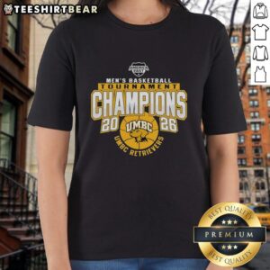 Alt Text: 2026 UMBC Retrievers Men's Basketball Tournament Champions ladies tee featuring team logo and celebratory design.
