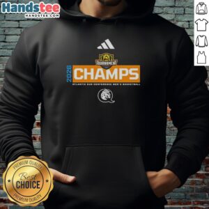 Official Queens Royals 2026 Atlantic Sun Conference Men's Basketball Tournament Champions hoodie in navy blue.