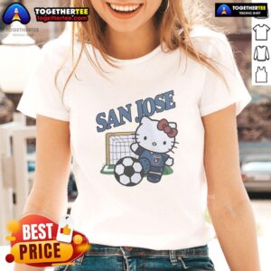 Original San Jose Earthquakes FC x Hello Kitty ladies tee featuring a vibrant design for fans and collectors.