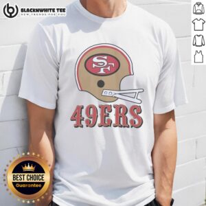 Alt Text: Top San Francisco 49ers football logo displayed on a big helmet t-shirt, perfect for fans and collectors.