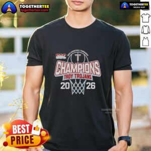 Alt Text: Nice Troy Trojans 2026 Sun Belt Men's Basketball Tournament Champions T-Shirt featuring team colors and logo.