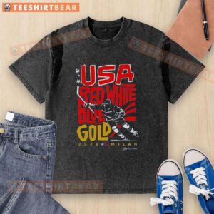 Alt Text: Top USA Hockey Red White Blue and Gold 2026 Milan Washed T-Shirt featuring a stylish design for fans.