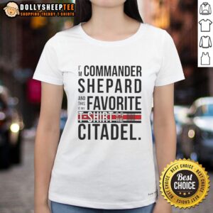 Commander Shepard in a stylish Citadel ladies tee, showcasing a favorite shirt design from the iconic Mass Effect series.