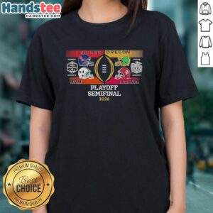 2026 College Football Playoff Semifinal matchups ladies tee featuring Ole Miss, Oregon, Miami, and Indiana designs.