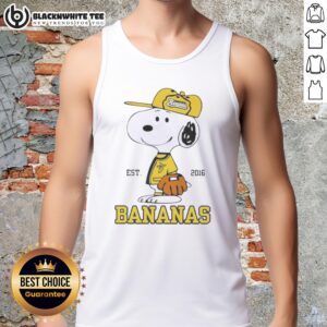 Pretty Peanuts Snoopy X Savannah Bananas tank top established 2016, featuring colorful Snoopy and banana graphics.
