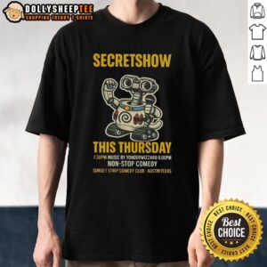 Good Secretshow this Thursday at 7:30 PM, featuring Yonderwizzard at 8 PM; T-shirt design promoting the event.