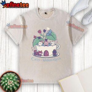 Alt Text: Cute Alice Cats Tea Cats in Wonderland washed t-shirt featuring whimsical cat designs and vibrant colors.
