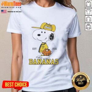 Good Peanuts Snoopy X Savannah Bananas Est 2016 ladies tee featuring vibrant design and soft fabric for casual wear.