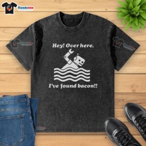 Alt Text: Funny bacon robot swimming in a pool wearing a washed t-shirt, perfect for bacon lovers and quirky apparel enthusiasts.