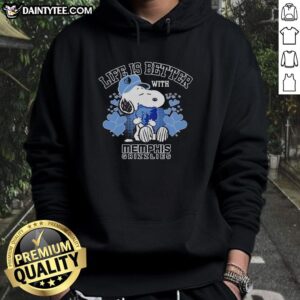 Snoopy wearing a Memphis Grizzlies hoodie, showcasing the logo with the phrase 'Life is Better with Memphis Grizzlies.'