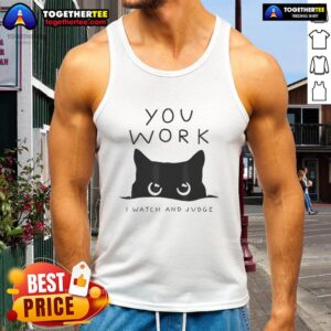 Good black cat sitting on a desk watching and judging, perfect for 'Good Black Cat You Work I Watch And Judge Tank Top' design.