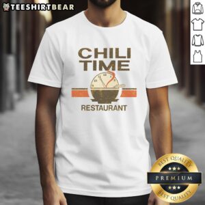 Pretty Chili Time sign on a St Bernard T-shirt, perfect for dog lovers and chili enthusiasts alike.