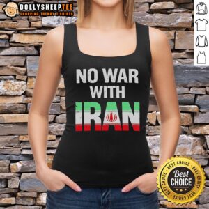 Peace protest featuring an 'No War with Iran' tank top and an Iranian flag, promoting peace and solidarity.