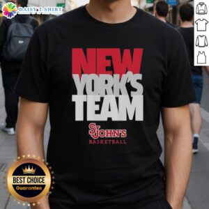 Alt Text: St. John's Red Storm NCAA Men's Basketball T-Shirt featuring bold 'New York's Team' text stack design.