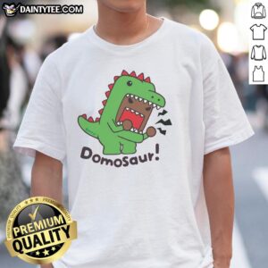 Stylish Nice Domo Domosaur T-Shirt featuring a vibrant graphic of the iconic Domo character on a casual tee.
