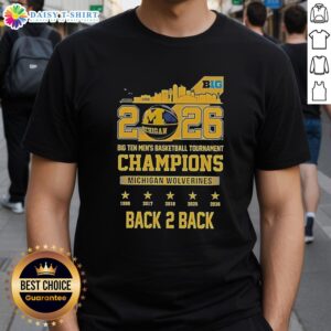 Alt Text: Michigan Wolverines 2026 Big Ten Men's Basketball Tournament Champions T-shirt featuring skyline design, back-to-back winners.