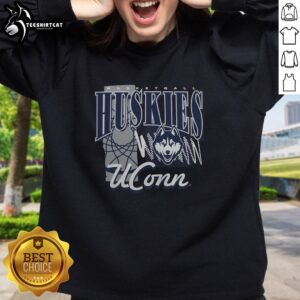 Alt Text: Premium UConn Huskies Basketball graphic sweatshirt featuring vibrant team colors and logo, perfect for fans.