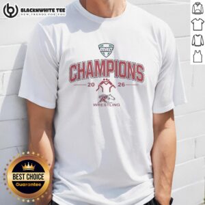 Top Rider Broncs Mac Wrestling Champions 2026 T-Shirt featuring bold graphics and vibrant colors celebrating wrestling victory.