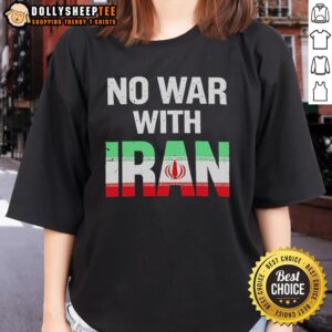 Women in 'No War With Iran' tees holding Iranian flags at a peace protest, advocating for diplomacy and unity.