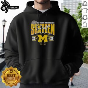 Premium Michigan Wolverines Madness Sweet 16 NCAA Division I Women's Basketball Tournament Hoodie in navy blue.