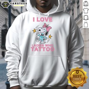 Alt Text: Original Snoopy wearing a pink bow on a I Love Ladies Who Tattoo hoodie, perfect for tattoo enthusiasts.