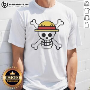 Alt Text: Awesome Pixel Jolly Roger One Piece T-Shirt featuring vibrant graphics of the iconic pirate symbol in bold colors.