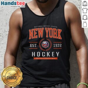Alt Text: Official New York Islanders Hockey Legacy Crest Tank Top featuring team colors and logo, perfect for fans and summer wear.