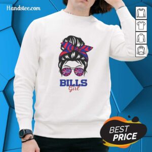 Buffalo Bills girl in a messy bun and glasses wearing an official sweatshirt, showcasing team spirit and style.
