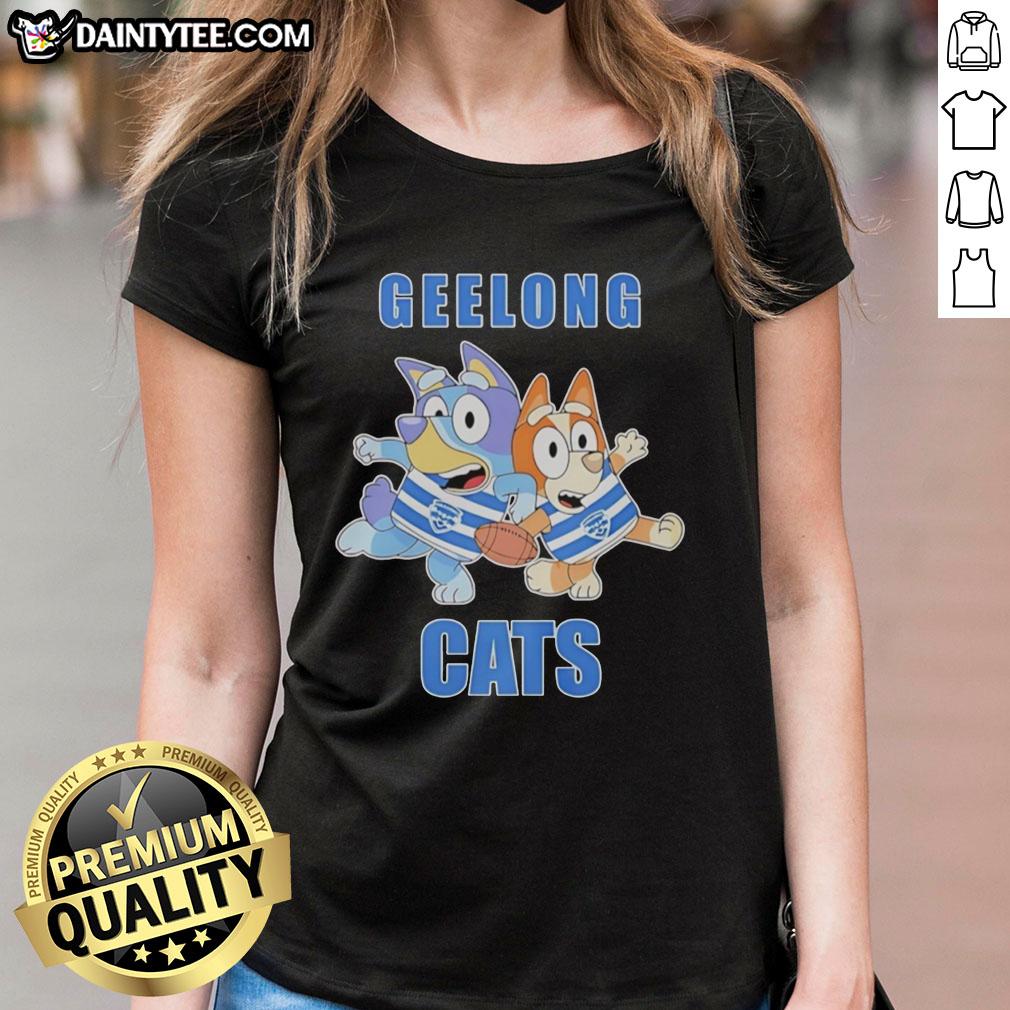 nice-bluey-bingo-geelong-cats-football-fans-rugby-outfits-ladies-tee Women in Nice Bluey Bingo Geelong Cats rugby outfits cheer for their team at a football match, showcasing fan spirit.
