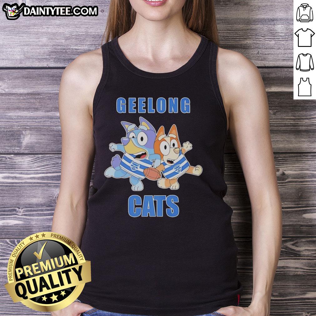nice-bluey-bingo-geelong-cats-football-fans-rugby-outfits-tank-top Cheerful football fans in Geelong Cats rugby outfits, featuring a Nice Bluey Bingo tank top, celebrating at the game.