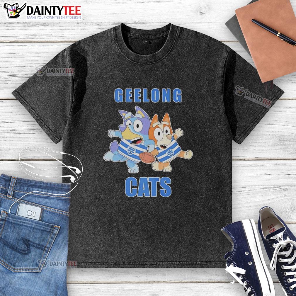 nice-bluey-bingo-geelong-cats-football-fans-rugby-outfits-washed-t-shirt Bluey and Bingo fans in Geelong Cats rugby outfits, showcasing a washed t-shirt at a football game.