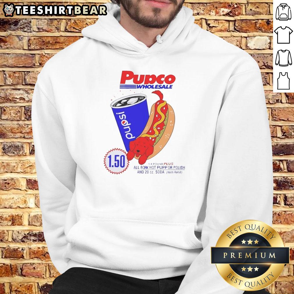 nice-hot-dog-and-red-dog-pupco-wholesale-pupsi-costco-andpepsi-hoodie Delicious hot dog with a cute red dog pup wearing a hoodie, showcasing Pupco Wholesale Pupsi and Costco branding.