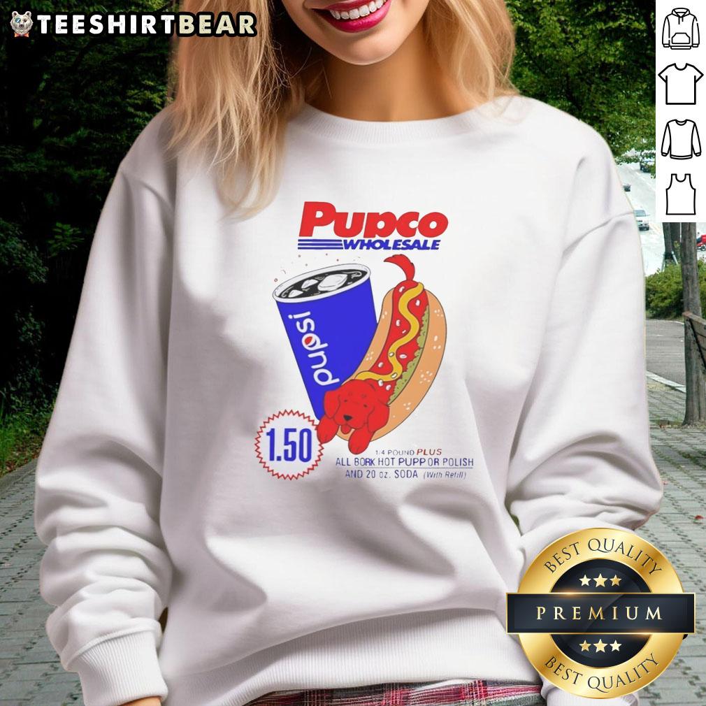 nice-hot-dog-and-red-dog-pupco-wholesale-pupsi-costco-andpepsi-sweatshirt Hot dog and red dog pup wearing Pupco Wholesale sweatshirt at Costco featuring Pepsi logo, perfect for dog lovers.