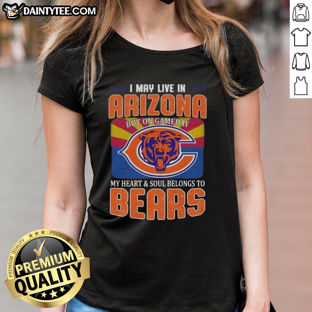 nice-i-may-live-in-arizona-but-on-gameday-my-heart-and-soul-belongs-to-chicago-bears-football-flag-ladies-tee Lady wearing a Chicago Bears football tee, showcasing Arizona pride on game day with a vibrant team flag design.