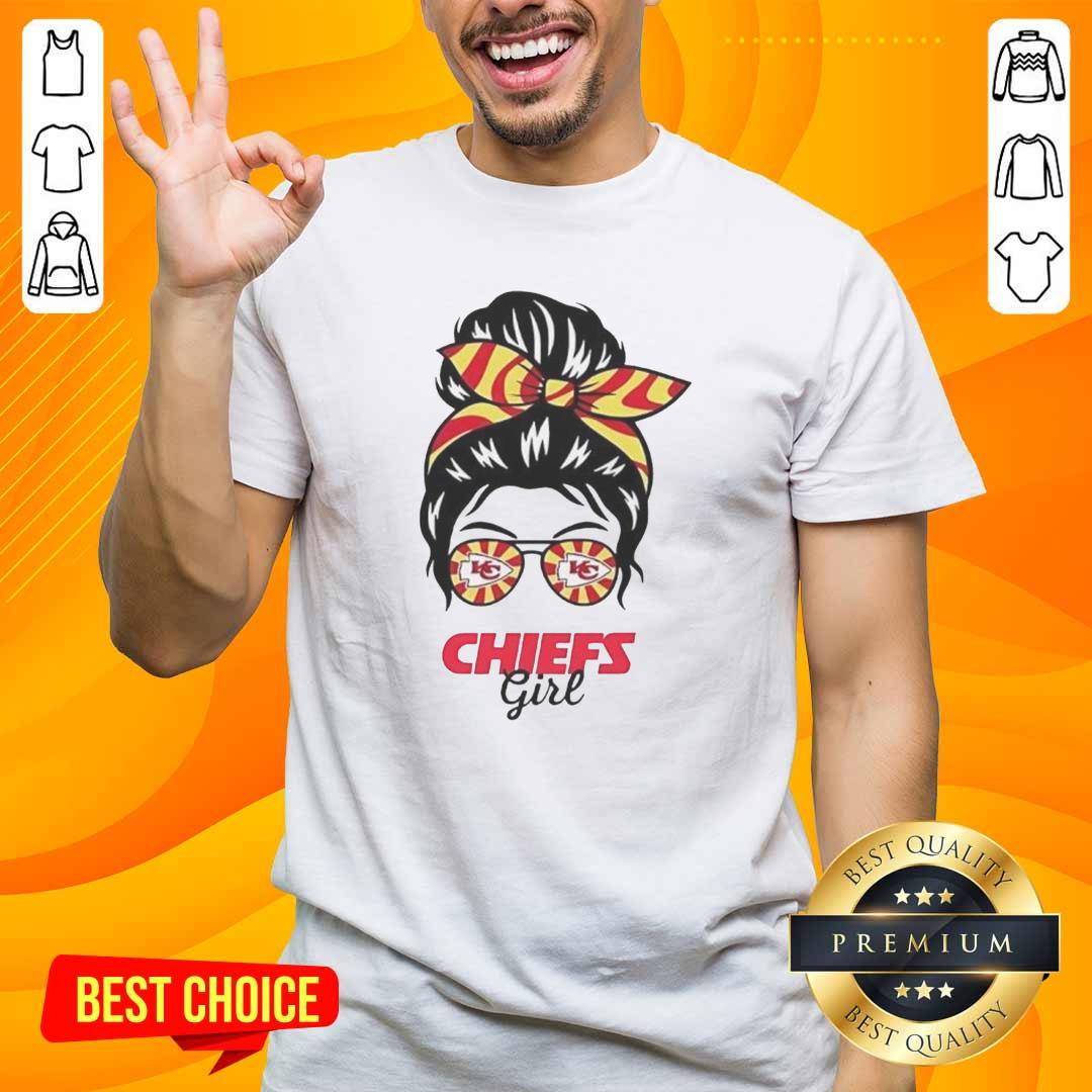 nice-kansas-city-chiefs-girl-messy-bun-glasses-t-shirt Alt Text: Girl wearing a Kansas City Chiefs t-shirt with a messy bun and glasses, showcasing team spirit and style.